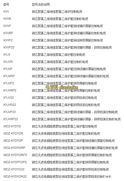 KVV電纜型號規格